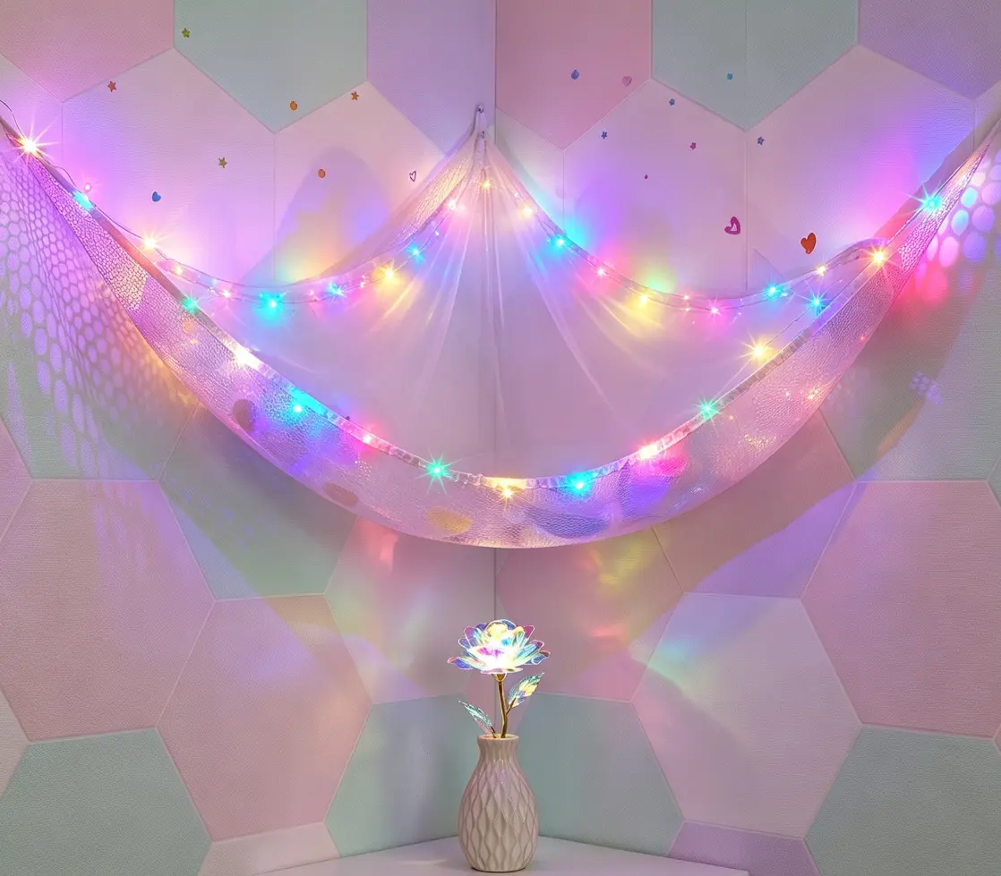 Large Corner Stuffed Animal Hammock with LED Lights, Hanging Plush Toy Storage Net Organizer, Space Saving Soft Toy Holder for Nursery, Playroom & Bedroom Decor