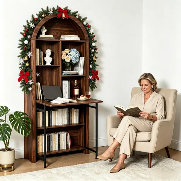 Bellemave Convertible Tall Arched Hideaway Desk - Folding Office Desk with Storage, Multi-Functional Bookshelf, Wine Cabinet for Small Spaces Home Office