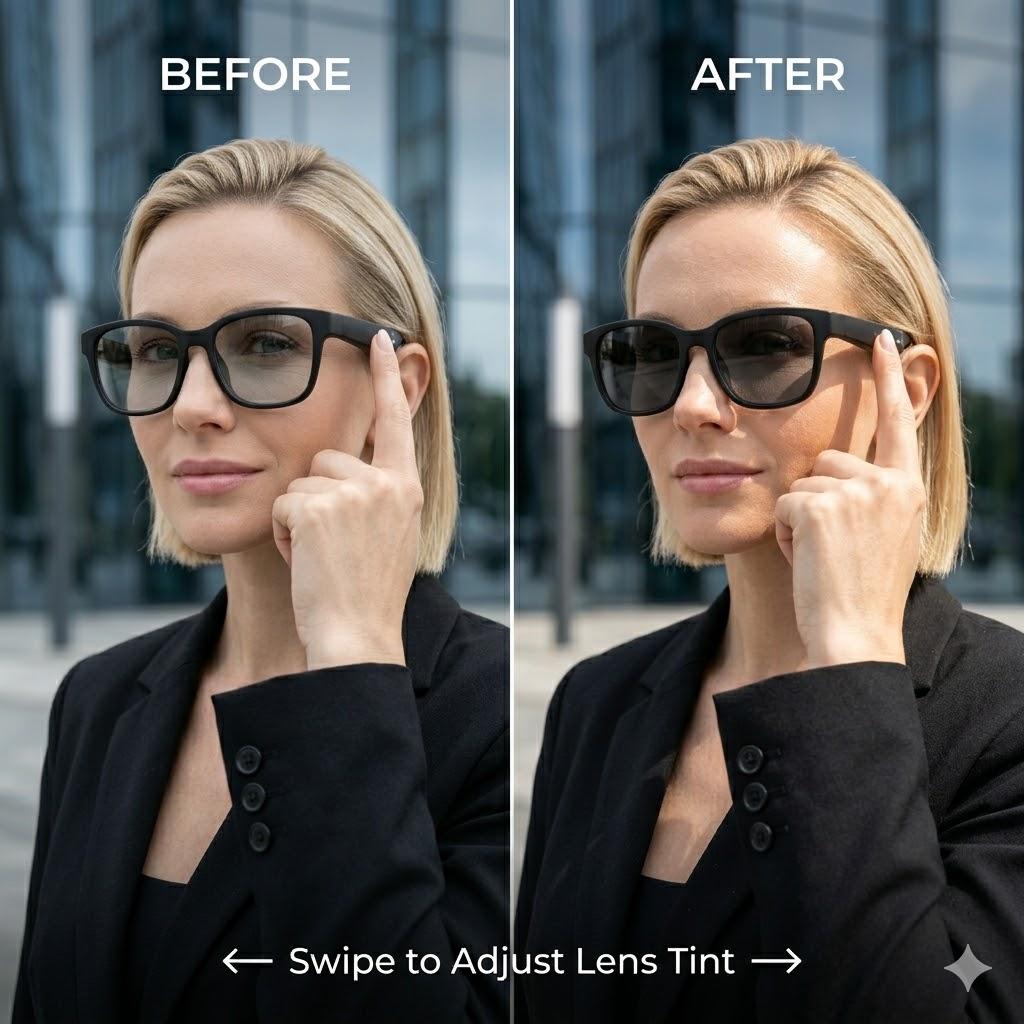 W&O 2026 Artificial Intelligence Smart Glasses, Voice Assistant - Bluetooth Sunglasses, featuring noise reduction calls, music playback, touch control, ability to control tinted lenses, UV and blue light protection functions - Black Version