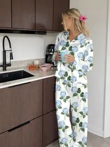 Women’s Hydrangea Bloom Blue Hydrangea Watercolor Flower Short Sleeve Satin Pajama Set, Long Sleeve Latin PJS, Gift For Girlfriends