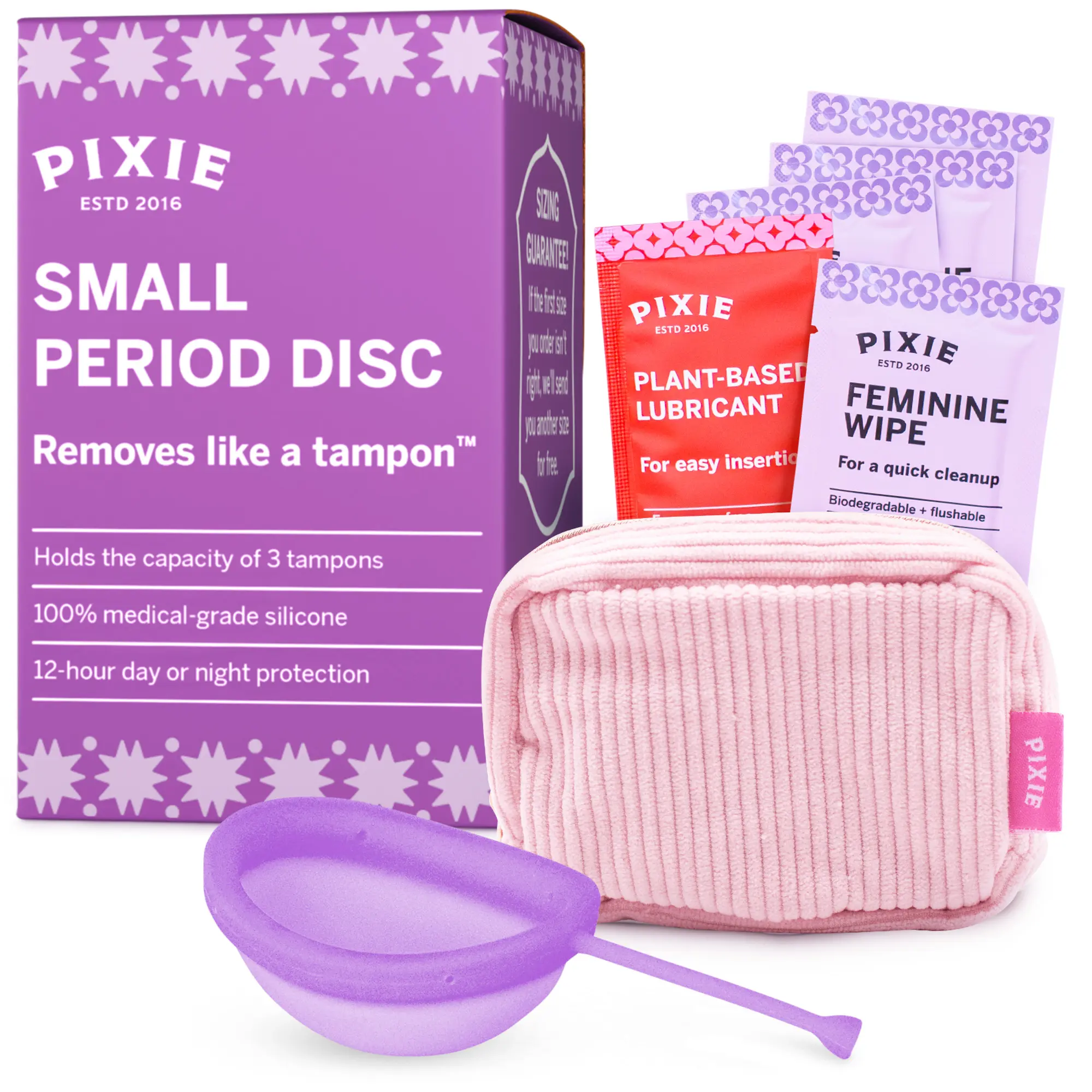 Pixie Menstrual Disc for Feminine Care - 100% Medical-Grade Silicone - Ranked 1 for Softest Reusable Period Disc - Removes Like a Tampon - Wear 12 Hours - Capacity of 3 Tampons (Small, Purple)