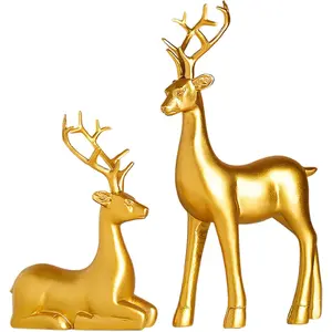 2PCS Christmas Training Deer Modern Elk Sculpture Exquisite Warm Home Decoration Deer Image Christmas Ornaments Country Style Halloween Christmas New Year Gift (Gold)