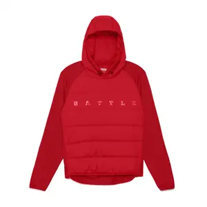 Battle Brand Red Puffer Jacket with Hood & Tech Fleece for Warmth & Flexibility Water Repellent Side Zipper Pockets