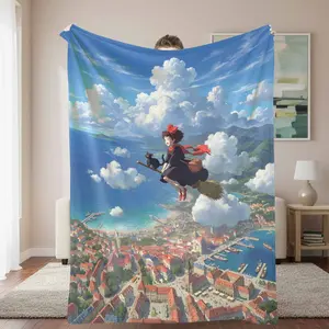 Flying Witch and Black Cat Coastal City View Flannel Blanket， Fantasy Anime Landscape Print， Soft Warm Lightweight Cozy Throw， Perfect for Bedroom， Living Room， Reading Nook， Sofa Decor， Travel Gift， Home Relaxation Use