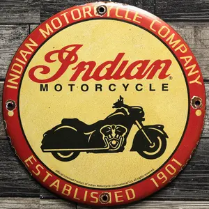Indian Motorcycle Company Est. 1901 Vintage Porcelain Enamel Sign Heavy Steel Advertising Display Round Wall Decor for Mancave or Garage (12in)