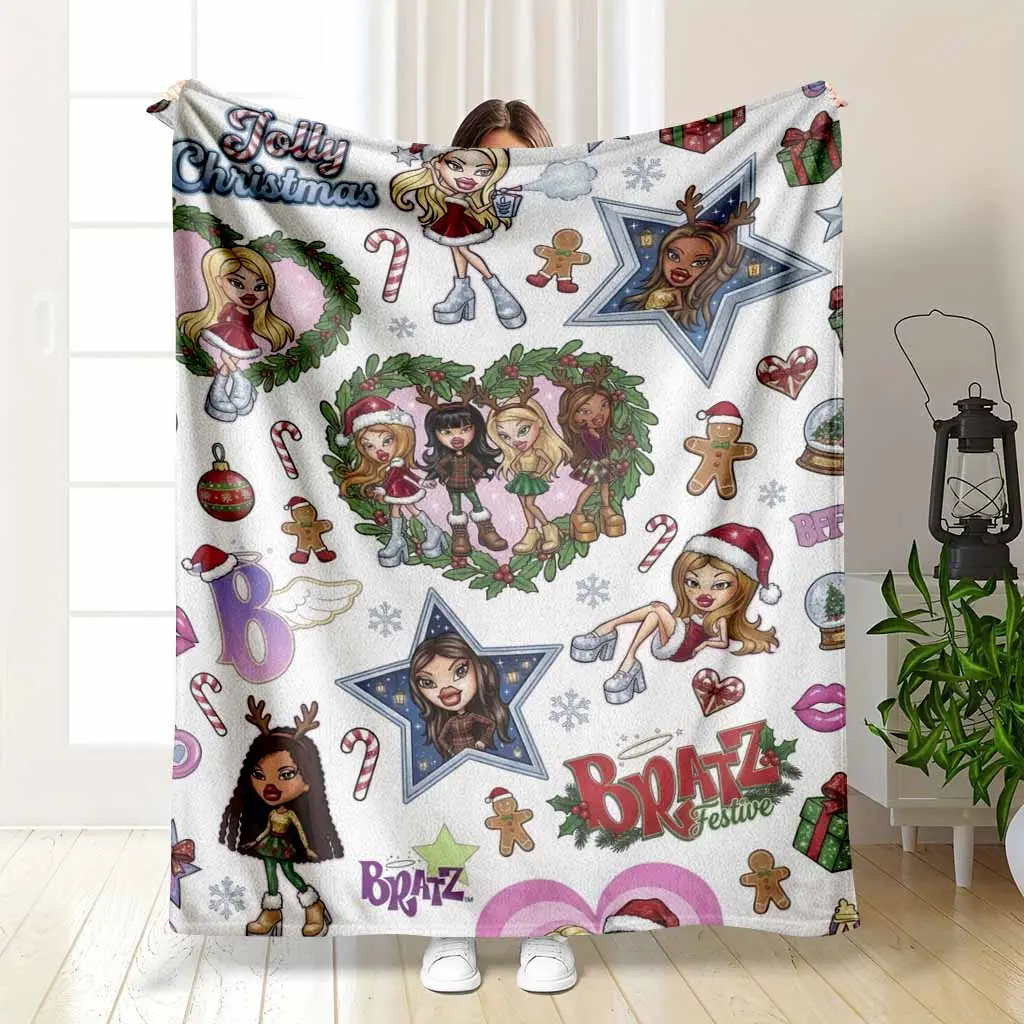 Y2K Fashion Dolls Flannel Blanket - Jolly Christmas Throw with Candy Canes & Gingerbread - Ultra Soft Festive Winter Couch Cover - Nostalgic Holiday Room Decor Gift for Teen Girls