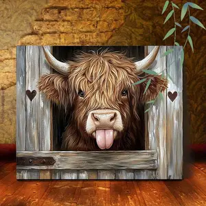A Wooden Frame Canvas Painting, Highland Cow With Tongue Out, Wall Hanging Mural, Suitable For Bedroom Living Room Home Decoration, Rural Style Farm Animal Canvas Print, Framed Hanging Painting, Cute And Quirky Country Style Decoration Artwork For Gi