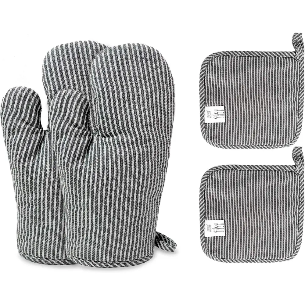 Quilted Oven Mitts and Pot Holders Set, 4-Piece Insulated Kitchenware Fashion Accessory, High Temp Safe for Cooking BBQ & Bakeware, Baking