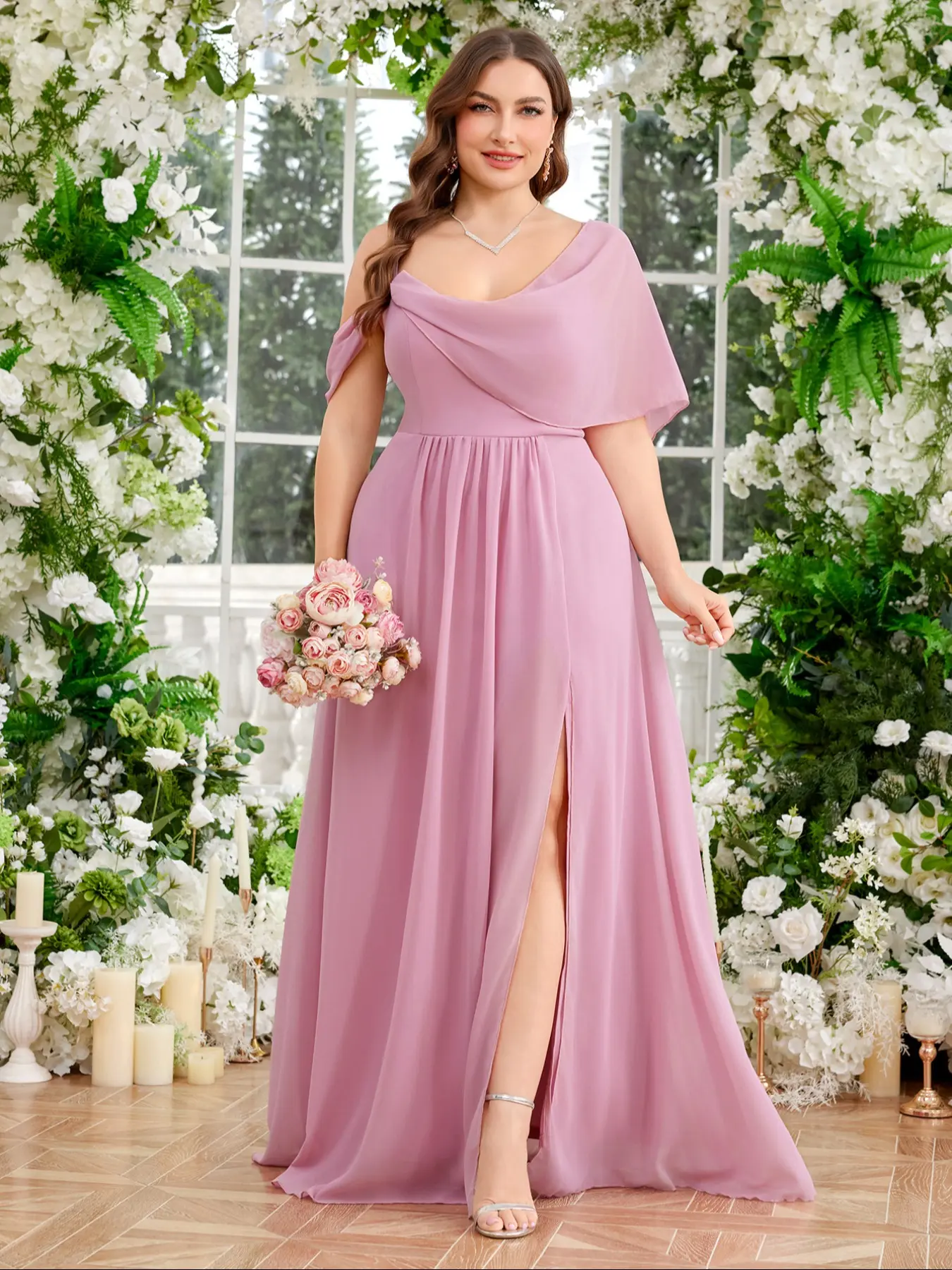recycled bridesmaid dresses Elegant Chic Plus Size Women's Formal Maxi Dress with High Slit Design, Fabric, Draped Neckline, Waist Cinching, Gown, Formal Wear, Fit A standout wedding look sale::Show Velvet Bridesmaid Dresses | Color:Champagne