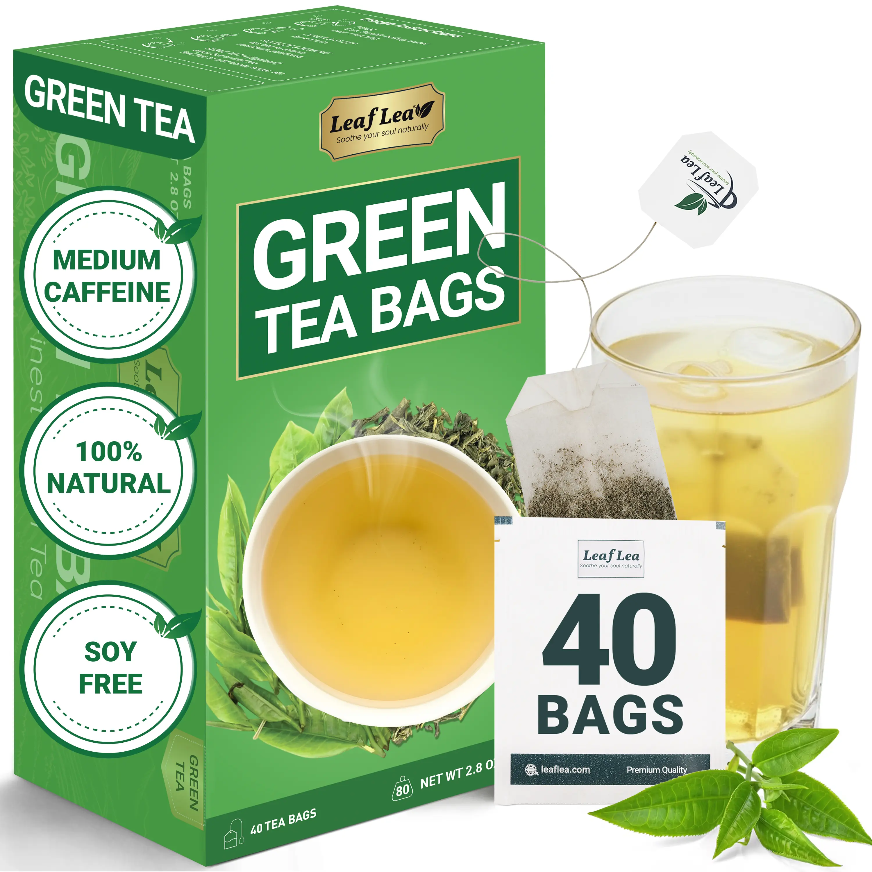 LeafLea Green Tea Bags, 100% Natural & Pure from Green Tea Leaves, Smooth & Refreshing, Everyday Wellness with Natural Caffeine Content, Sugar-Free, Non-GMO, Individually Wrapped for Freshness