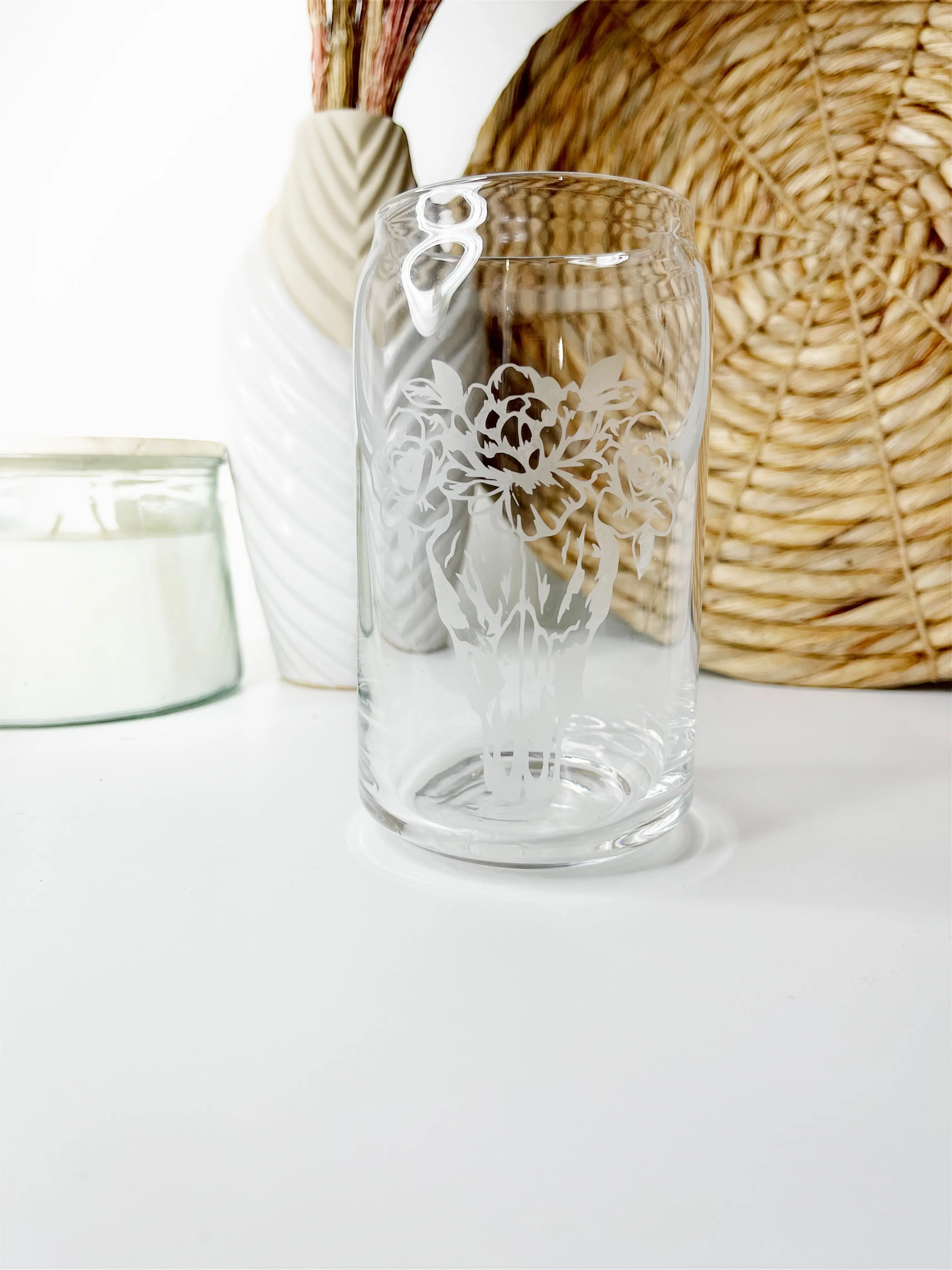 Boho Bull Skull Etched Beer Can Glass
