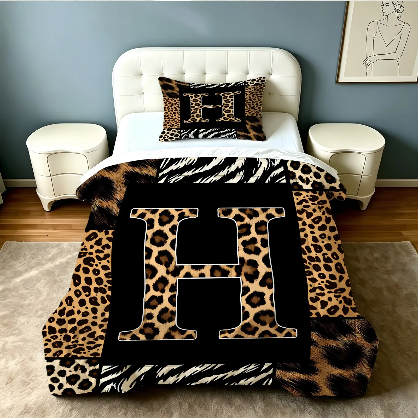 2/3Pcs Classic Leopard Print Letter Comforter Set (with Filling, No Pillow Core), Soft, Skin-Friendly, Warm and Comfortable, Versatile for Bedroom Bedding, Practical for Creating a Cozy Sleeping Space, Bed Cover Set