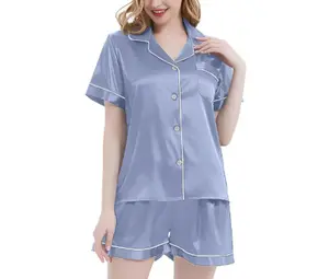 Womens Silk Satin Pajamas Short Sleeve Sleepwear Bride Soft Button Down Loungewear 2 Piece Pjs Set XS-3XL
