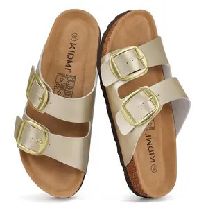 KIDMI Fashion Women's Sandals With Adjustable Double Buckle Soft Leather Slippers With  Arch Support Open Toe Cork Sole Casual Slides