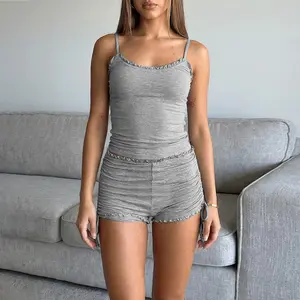 CHICME Women's 2 Piece Outfit Frill Hem Lounge Set U-Neck Cami Top and Drawstring Ruched Shorts Set Casual Home Soft Pajamas Set
