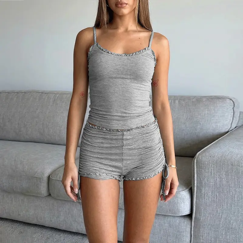 CHICME Women's 2 Piece Outfit Frill Hem Lounge Set U-Neck Cami Top and Drawstring Ruched Shorts Set Casual Home Soft Pajamas Set