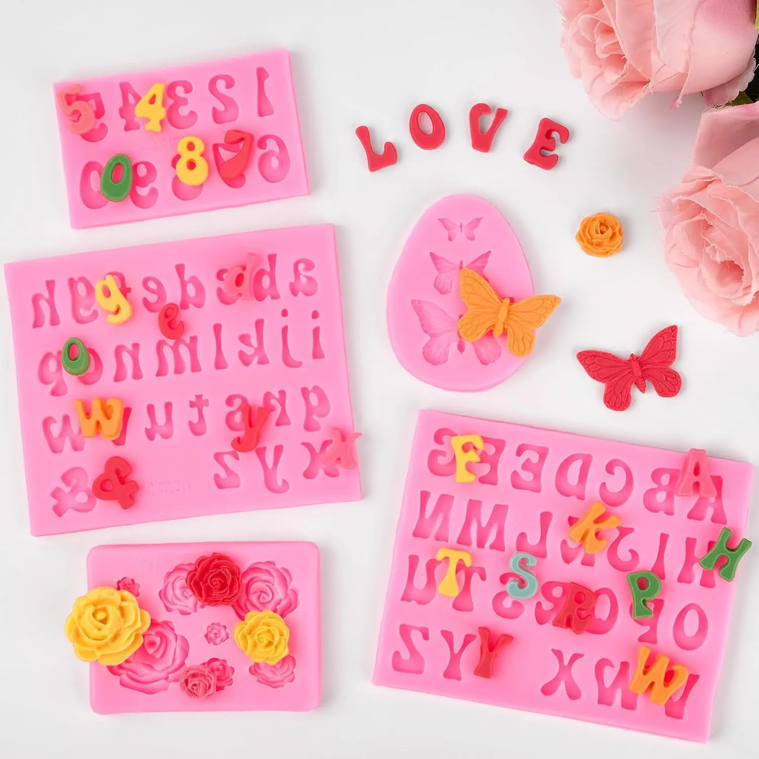 5PCS Silicone Letter Molds, Non-Stick Number Rose Flower Butterfly Fondant Molds for Chocolate, Candy, Cake Decoration, Cupcake Topper