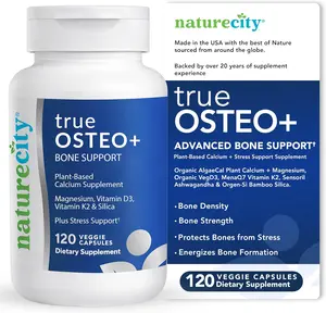 NatureCity True-Osteo Plus Bone Support with Ashwagandha – for Strength & Density – Plant-Based Calcium with Organic AlgaeCal, Magnesium, Vitamin D3, K2, Silicon & Stress Support | 120 Veggie Capsules