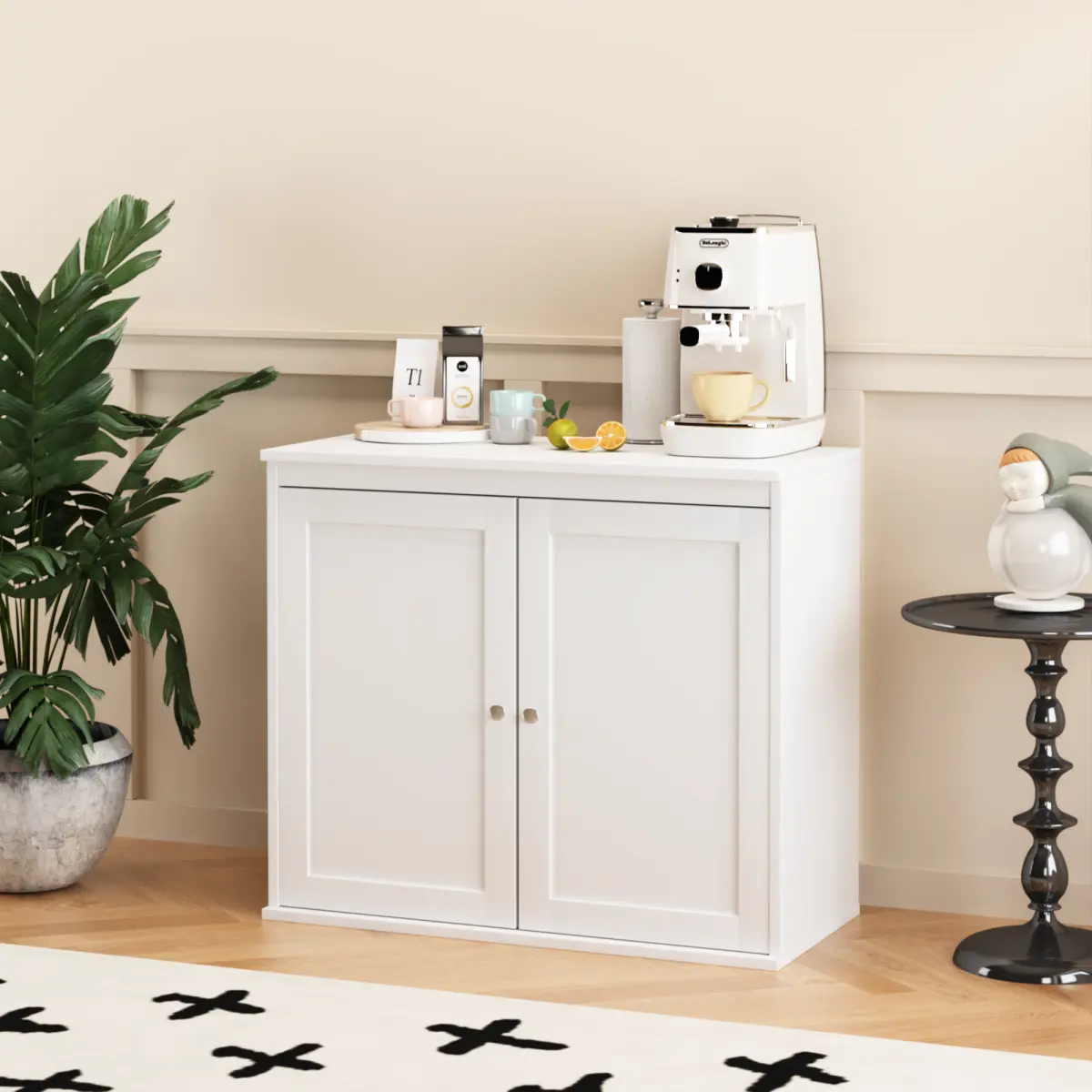 Modern White Compact Engineered Wood Storage Furniture - Double-Door Kitchen Cabinet, Adjustable-Shelf Coffee Bar, Space-Saver Sideboard Buffet for Dining Room, Living Room