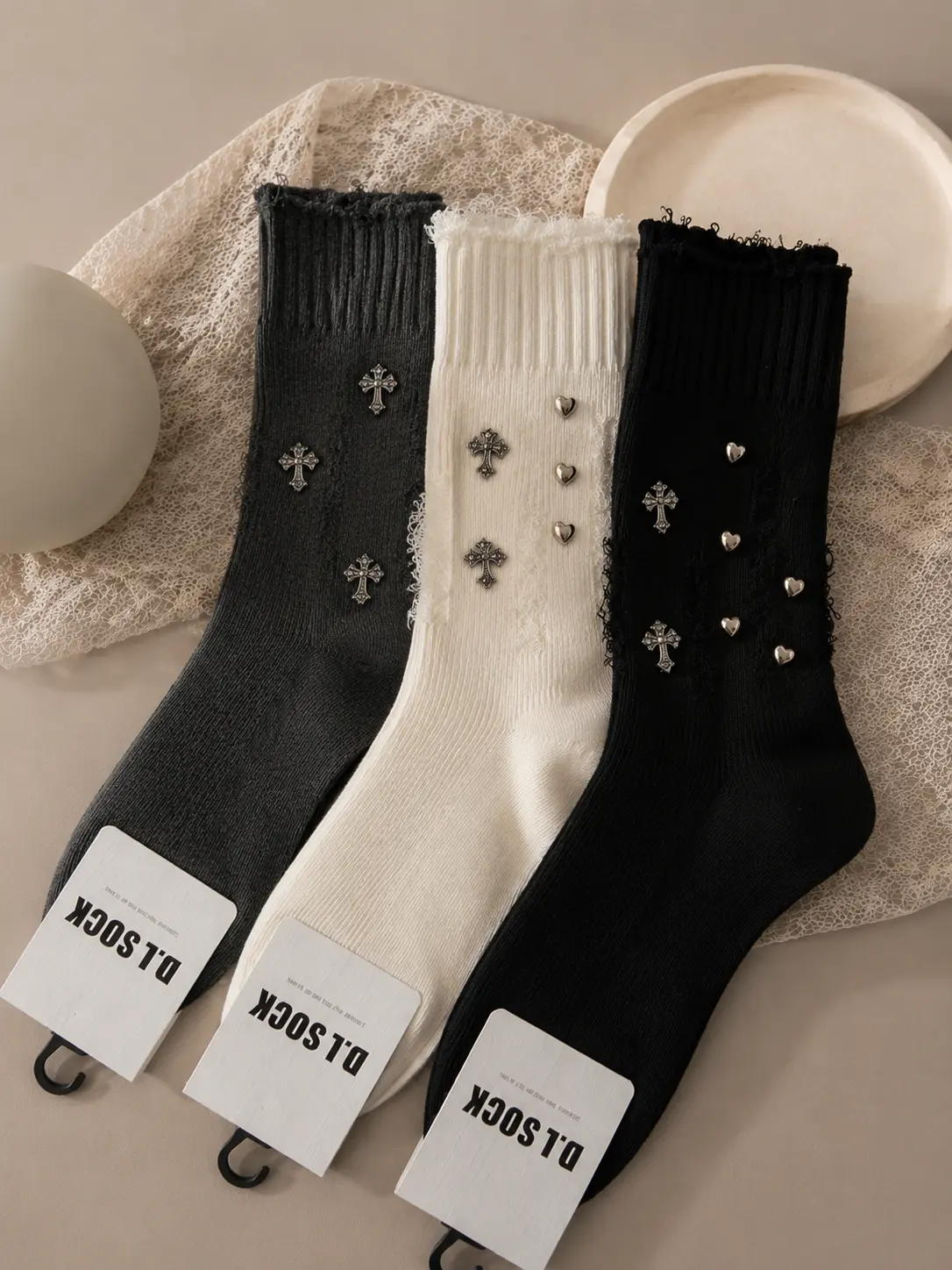 Frayed Ribbed Mid Calf Socks Gothic Silver Cross & Heart Metal Charms Y2K Punk Streetwear Women Knit Crew Socks