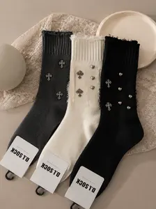 Frayed Ribbed Mid Calf Socks Gothic Silver Cross & Heart Metal Charms Y2K Punk Streetwear Women Knit Crew Socks