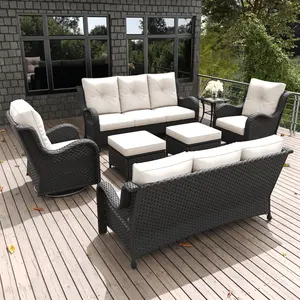 LayinSun 7 Pieces Outdoor Patio Furniture Set, Rattan Wicker Sectional Swivel Rocker Chairs Sets with Ottomans, Swivel Glider Chairs and Coffee Table