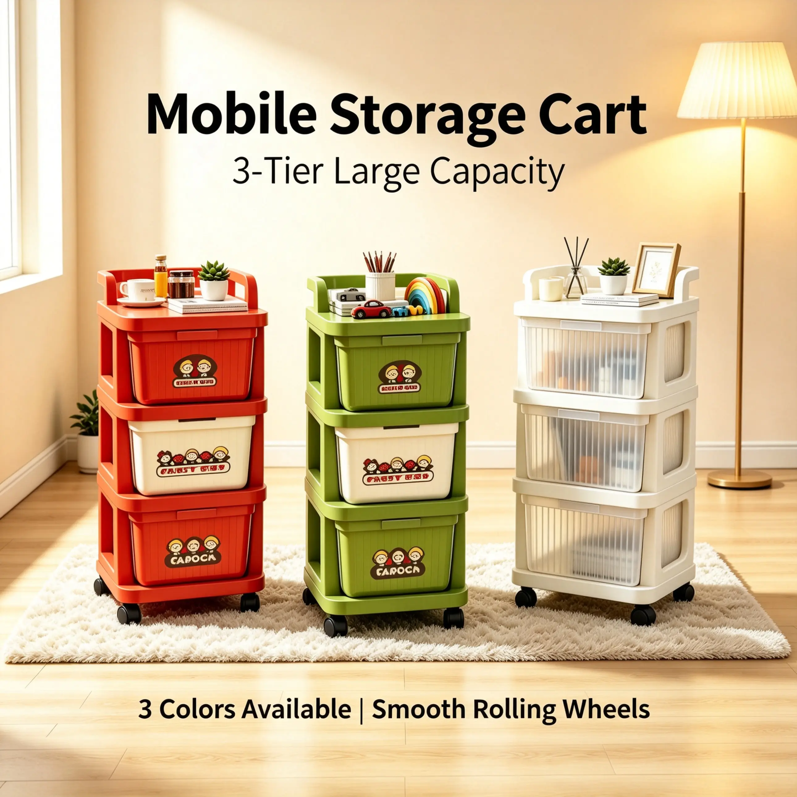 3-Tier Rolling Storage Cart with Drawers and Top Organizer Tray