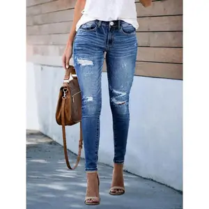 Women's Elastic Fabric Washed Slim Fit Ripped Skinny Jeans, Casual All Season Commuter Pants, New Style for Dating Outdoors