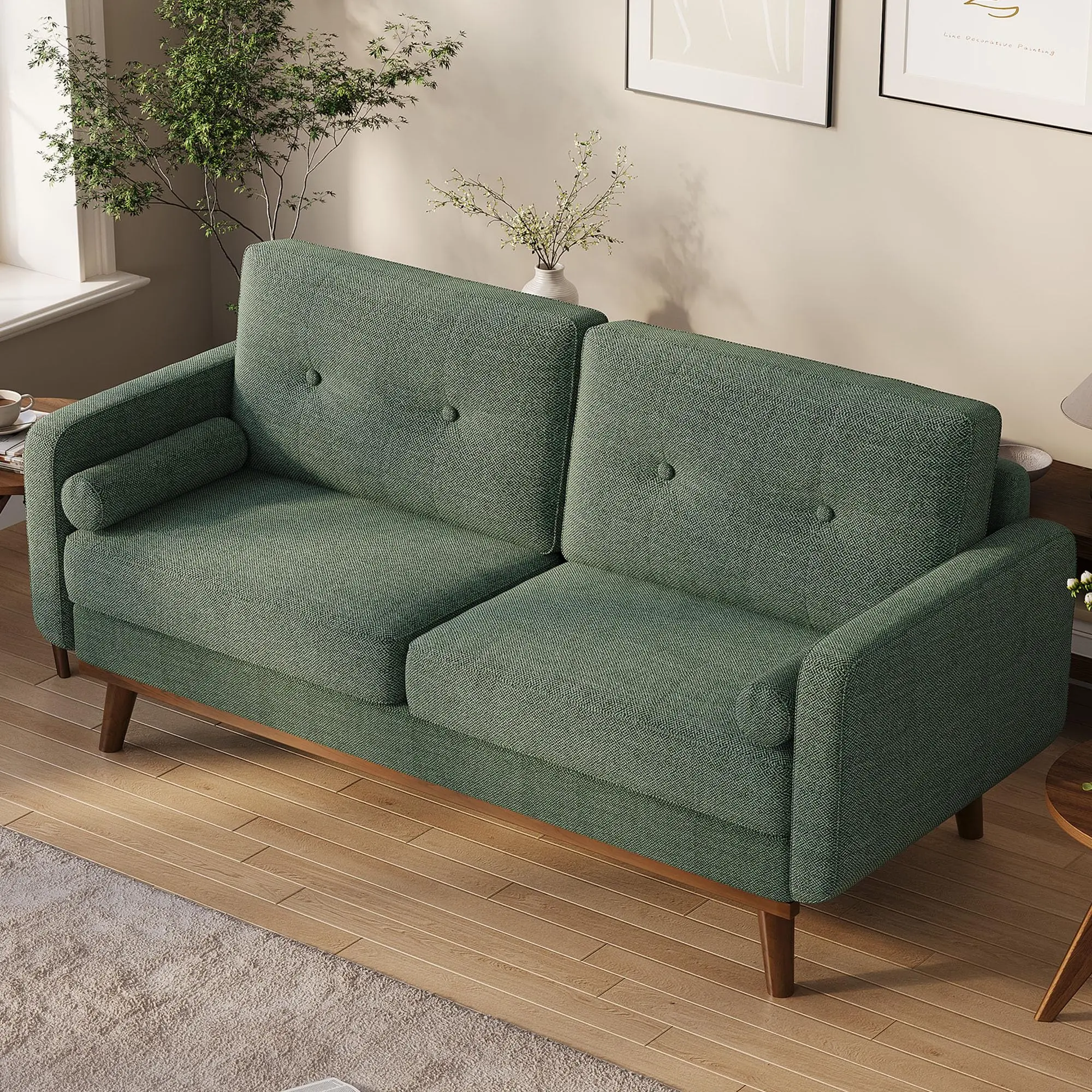 Garvee 65" Mid Century Modern Couch Sofa Loveseat, Comfy Love Seat Couches for Living Room, 2 Seater Linen Upholstered Deep Seat Couch for Bedroom Office Small Space, Green
