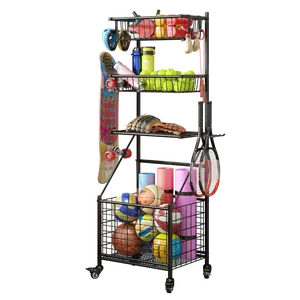‌Lockable Rolling Sports Cart - Garage Storage Organizer with Wheels, Baskets & Hooks for Balls/Toys |   Indoor Outdoor Space Saver basketball display rack