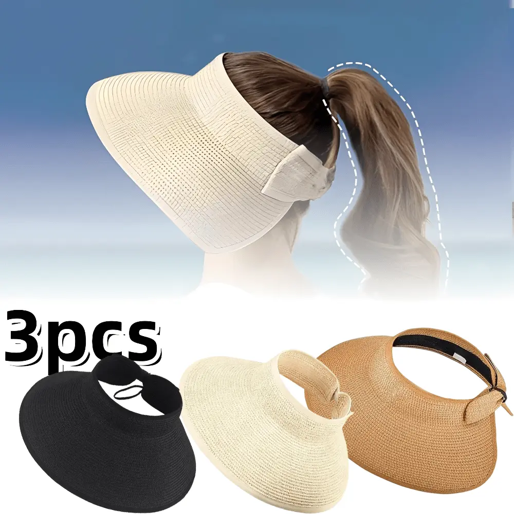 3PCS Foldable Straw Sun Visor Hats for Women, Wide Brim Ponytail Summer Beach Hat, Protect Your Skin Easily