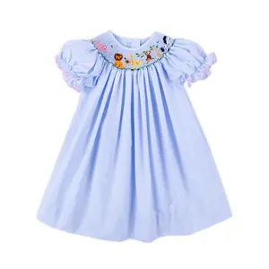 Animal Friends Blue Gingham Smocked Bishop Dress - Girls Safari Outfit for the Zoo