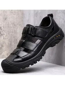 Men's Summer Outdoor Genuine Leather Breathable Sandals, Soft Sole Casual Slip-On Slippers, Versatile Open Toe Shoes for Outdoor Wear