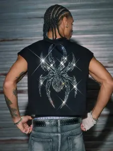 Cropped, wide-strap tank top featuring a rhinestone-embellished spider motif. Crafted from 100% polyester fabric, it is versatile enough to be worn as a standalone top or layered underneath other garments—perfect for everyday wear, parties, or vacations.