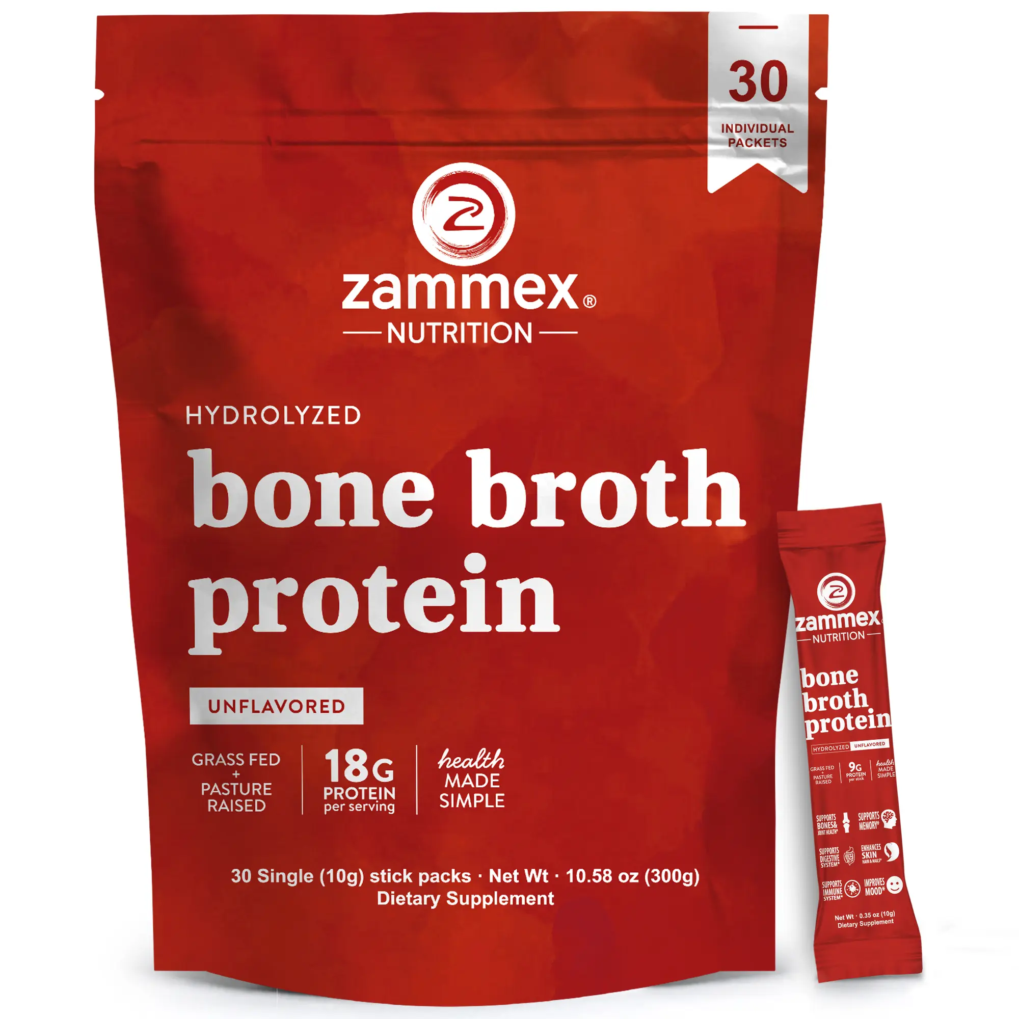 Zammex Hydrolyzed Bone Broth Protein Powder with Hydrolyzed Bovine Collagen Peptides - 30 Gym-Bag Ready Travel Packets, Powdered Supplement for Collagen Boost, Immune Support, Body Health & Fitness Recovery