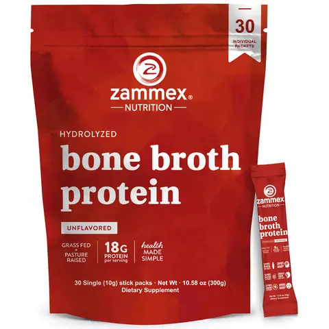 Zammex Hydrolyzed Bone Broth Protein Powder with Bovine Collagen Peptides - 30 Travel Size Sealed Stick Packs, Sugar Free Gluten Free Collagen Powder for Fitness Recovery & Body Health, Collagen Powders, Hydrolyzed Bovine Collagen