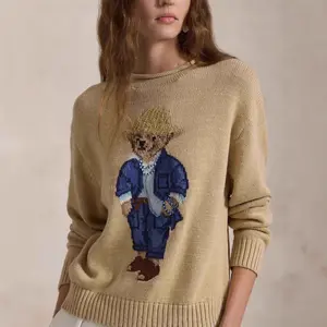 Cartoon straw hat bear crew neck sweater, jacquard knitwear, hand-embroidered long-sleeved top