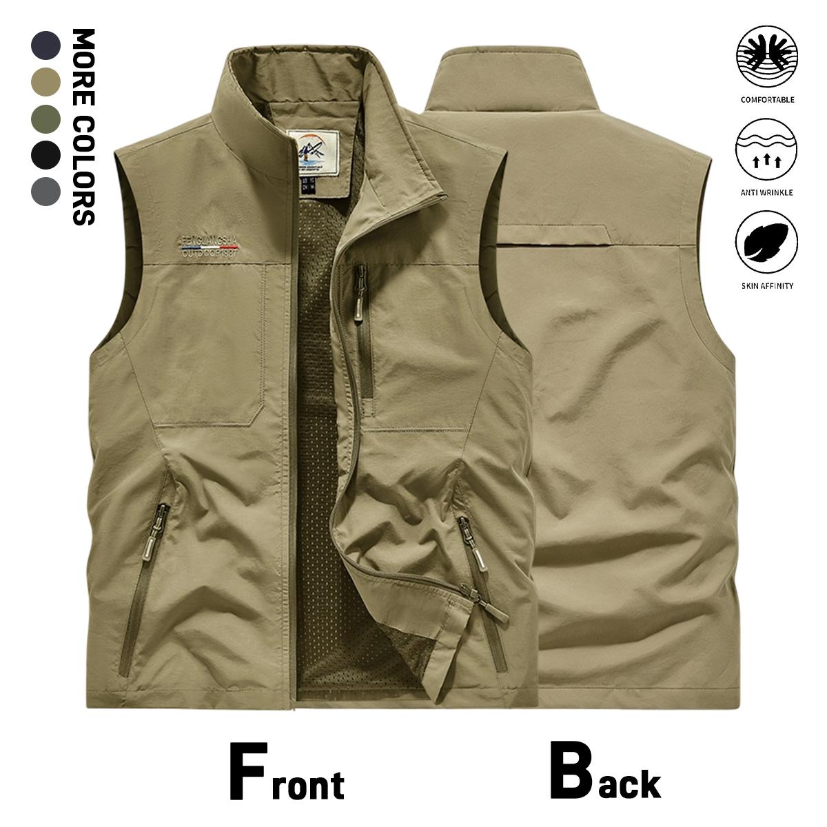 Men’s outdoor sleeveless vest, lightweight quick-dry zip-up stand collar cargo vest with multiple zippered pockets, casual vest for fishing, photography, and travel