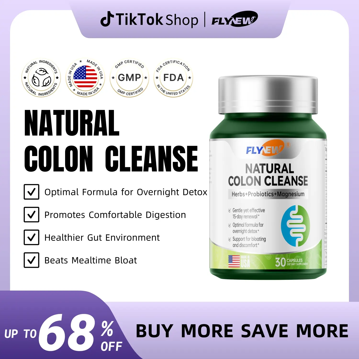 FLYNEW Colon Cleanse Dietary Supplement - Organic Natural Detox Debloat Formula with Magnesium, Gut Cleanse & Colon Support, Bloating Relief for Occasional Constipation & Gas - 30ct Bottle