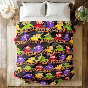 "Teletubbies Halloween" Slogan Print Blanket with lively characters and "Happy Halloween" design. Ultra-soft, durable, quick-dry, machine washable. Multiple sizes for bed, sofa, travel, camping, or office naps. Perfect gift for cartoon enthusiasts.
