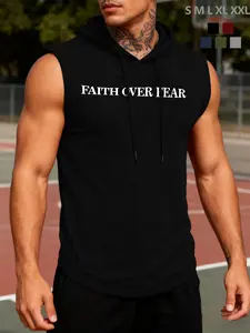 Men's Faith Over Fear Religious Motivational (Light) Hooded Sleeveless Fitted Graphic Vest - Faith Style Cross-Border Viral Athletic Daily Wear
