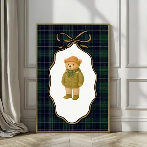 Preppy Plaid Outdoor Adventure Teddy Bear, Neutral Woodland Nursery Wall Art, Hiking Bear Printable, Boy Room Decor