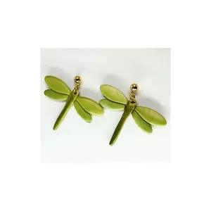 Green Variegated Dragonfly Earrings with Gold Accents for Stylish Accessory
