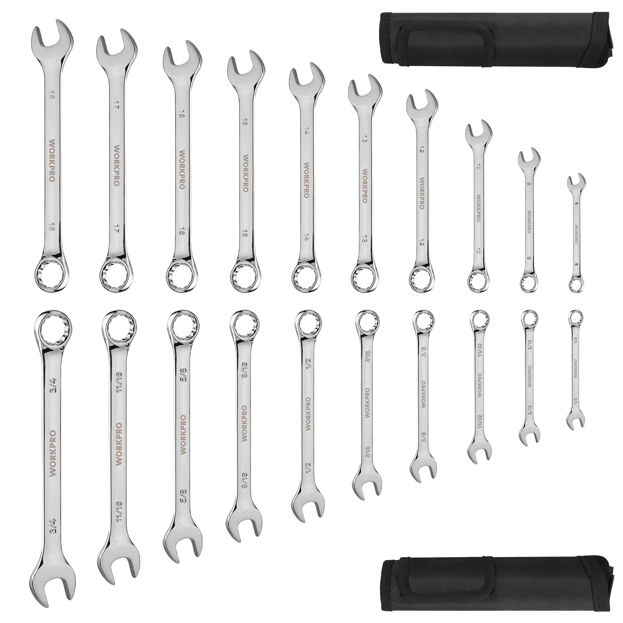 #fathersdaygift WORKPRO 20-piece Combination Wrench Set, Metric 6-18mm & SAE 1/4”- 3/4”, Cr-V Steel, 12-point Wrenches Set with 2-in-1 Rolling Pouch