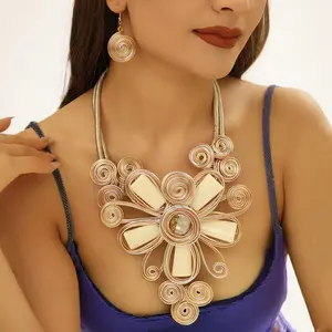 Bohemian Spiral Wire-Wrapped Flower Statement Necklace Earrings Set, Ethnic Floral Bib Jewelry Set for Women