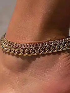 Double Layer Cuban Chain Anklet, & Silver Color Beach Style Foot Jewelry, Stackable Design for Summer & Streetwear, Beach Accessories