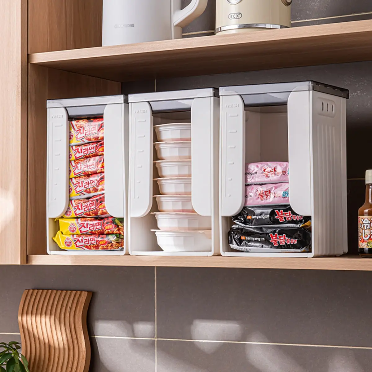 Kitchen Bagged Ramen Storage Box with Pusher | Instant Noodle Packet Food Storage Organizer, Foldable Hanging Cabinet Shelf Organizer, Snack Package Sorting Holder, Stackable Plastic Container, Stackable Containers, Space Saving Container