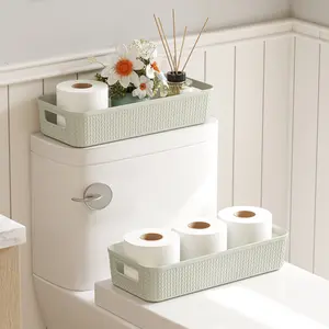 Toilet Paper Basket with Handle, Plastic Wicker Toilet Basket Tank Topper for Decor, Small Back of Storage Organizer Bin for Bathroom