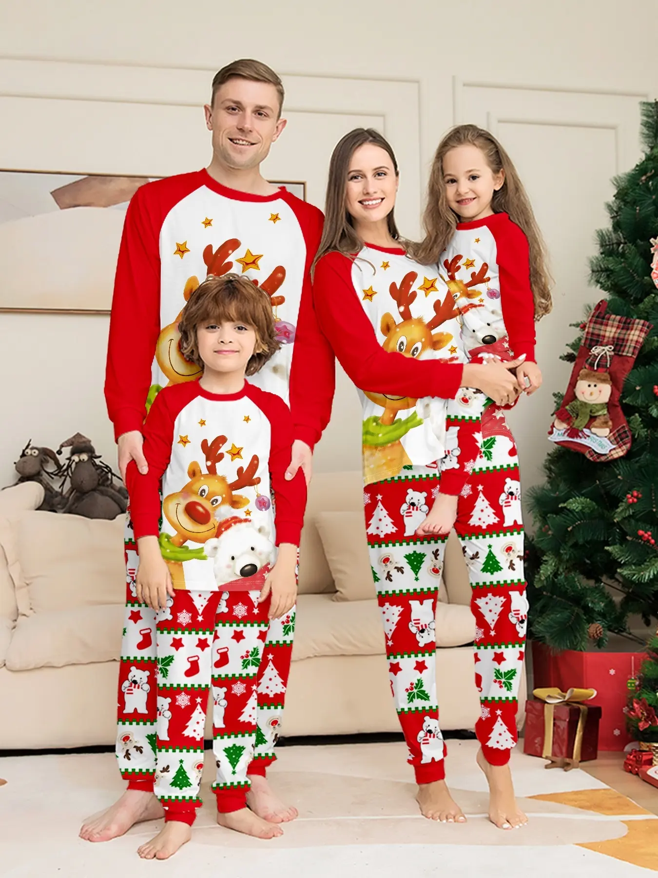 2-Piece Christmas Family Pajama Set, Cartoon Snowflake Star Candy Print, Men Women Couples Kids Sleepwear, All Seasons Casual