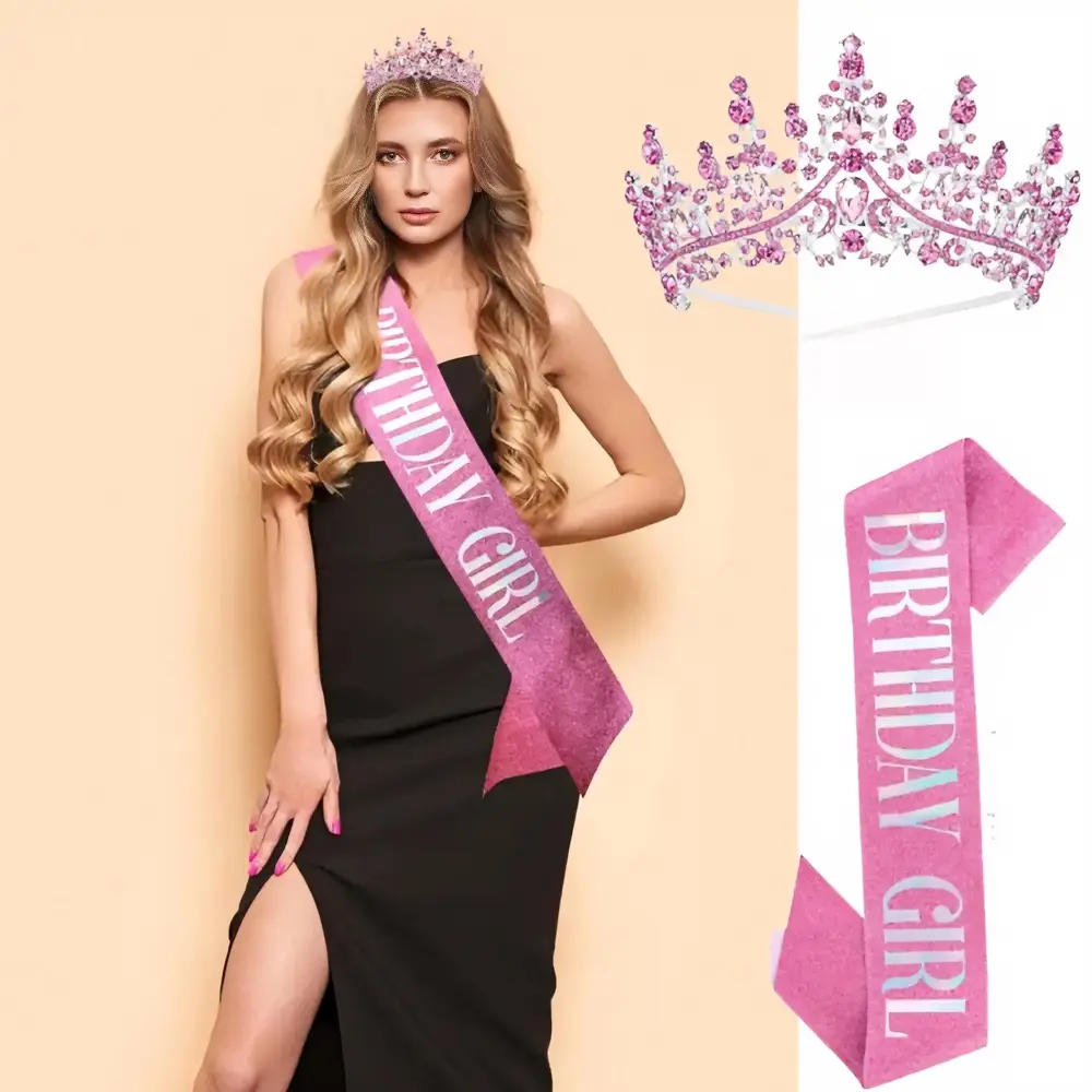 2PCS SET Pink Crystal Birthday Tiara Crowns for Women Girls Elegant Princess Crown with Combs Birthday Girl Headband Sash Happy Birth Party Decorations Birth Gift Cake Topper Hair Accessories, Women's, Metal Crystal, Alloy, Ceremony, Female, Prom